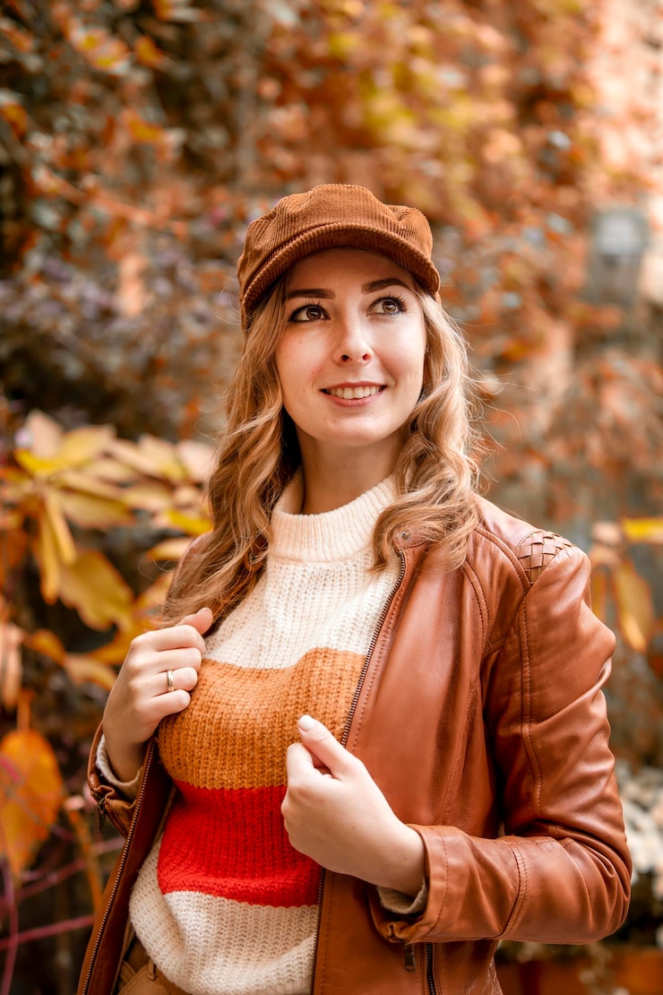 Zdjęcie portret uśmiechniętej młodej kobiety jesienią