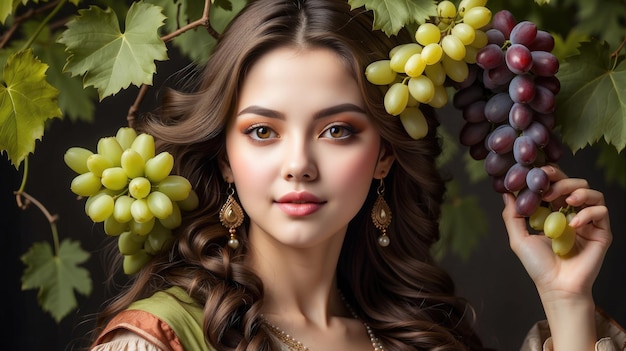 Zdjęcie portret uśmiechniętej młodej kobiety na tle stosów świeżych, pysznych winogron