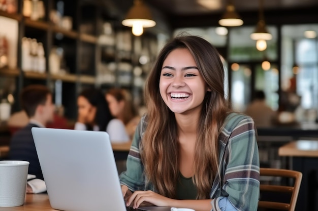 Portret uśmiechniętej młodej kobiety używającej laptopa w kawiarni w kawiarni