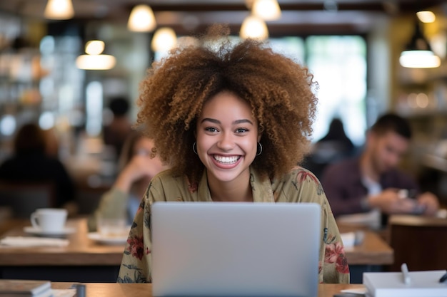 Portret uśmiechniętej młodej kobiety używającej laptopa w kawiarni