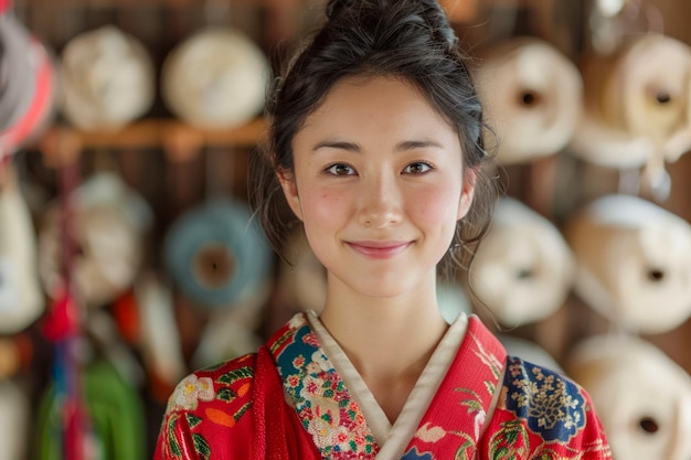 Portret uśmiechniętej młodej kobiety w tradycyjnym azjatyckim stroju na kolorowym tle