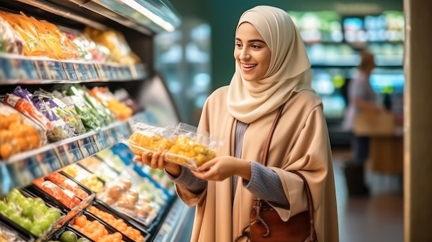 Portret uśmiechniętej młodej kobiety wybiera zieloną sałatkę, zbierając warzywa z półki Uśmiechnięta wesoła klientka robi zakupy spożywcze wybierając jedzenie w supermarkecie Generative Ai Technology