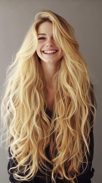 Zdjęcie portret uśmiechniętej młodej kobiety z długimi blond włosami
