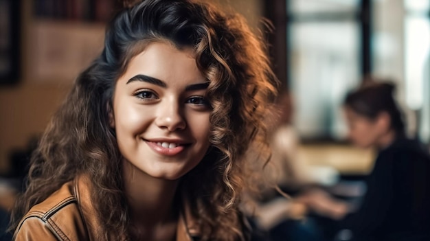 Portret uśmiechniętej młodej kobiety z kręconymi włosami patrzącej na kamerę w kawiarni Generative AI