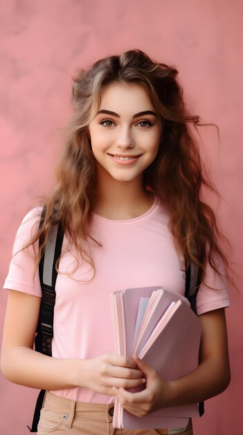 Zdjęcie portret uśmiechniętej młodej kobiety z plecakiem trzymającej książki i patrzącej na kamerę
