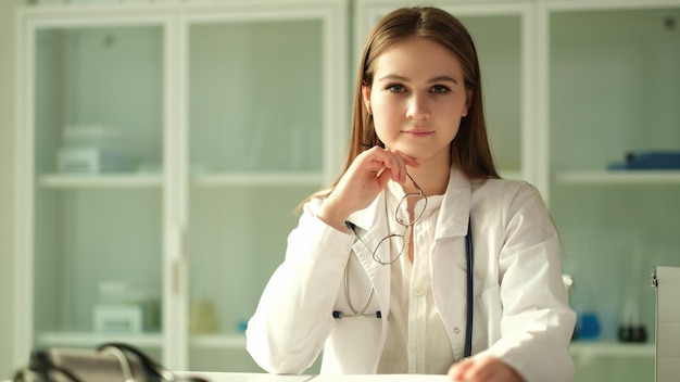 Portret uśmiechniętej młodej lekarki w miejscu pracy trzymającej okulary w klinice