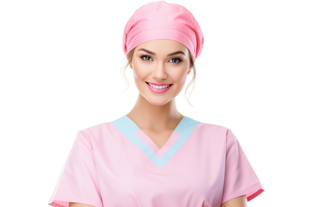 Portret uśmiechniętej młodej pielęgniarki w różowym mundurze na białym tle