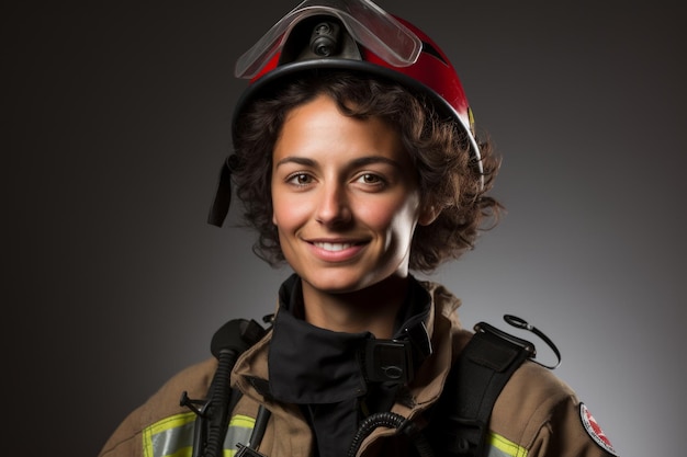 Portret uśmiechniętej młodej strażaki w czerwonym hełmie i sprzęcie ochronnym