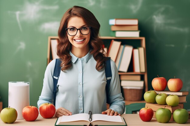 Portret uśmiechniętej nauczycielki w okularach siedzącej przy biurku z książkami i jabłkami