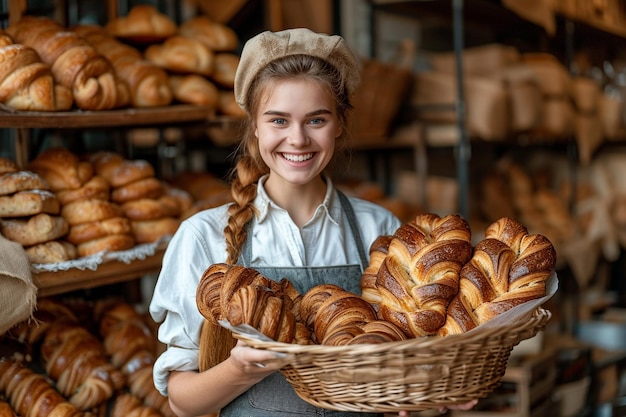 Portret uśmiechniętej piekarza trzymającej kosz pieczonego rogalika w piekarni