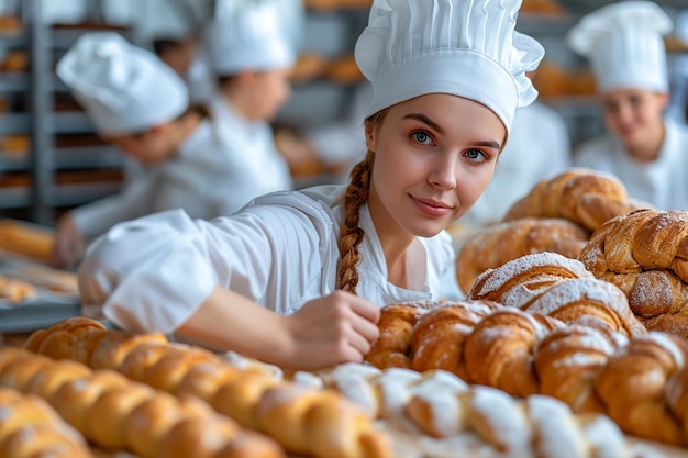 Portret uśmiechniętej piekarza trzymającej kosz pieczonego rogalika w piekarni