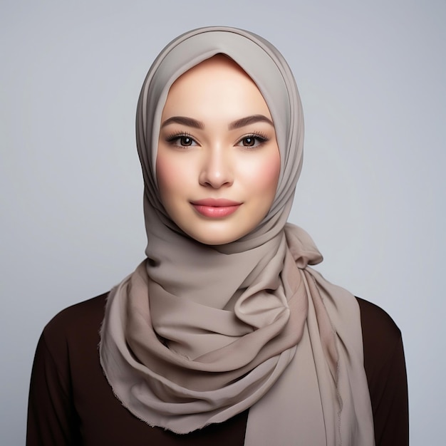 Portret uśmiechniętej pięknej azjatyckiej kobiety w zwykłej koszuli i hidżabie