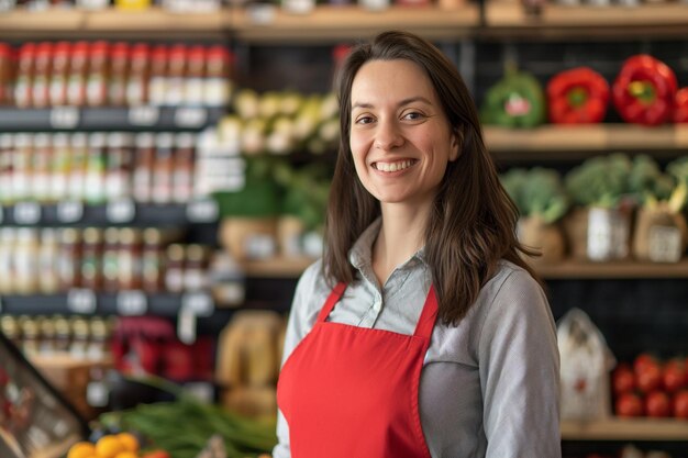 Portret uśmiechniętej pięknej sprzedawczyni w supermarkecie w czerwonym fartuchu