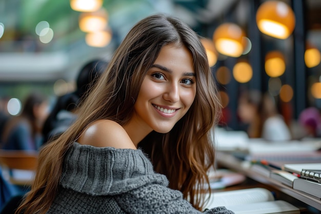 Portret uśmiechniętej pięknej studentki siedzącej przy stole w klasie