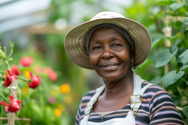 Portret uśmiechniętej starszej afrykańskiej kobiety stojącej w szklarni z pomidorami wygenerowanymi przez sztuczną inteligencję