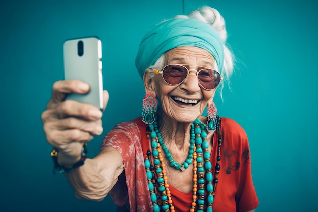 Portret uśmiechniętej starszej kobiety robiącej selfie telefonem komórkowym Generatywna sztuczna inteligencja