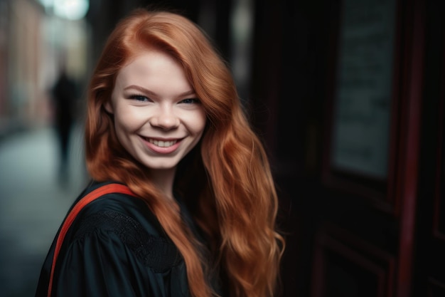 Portret uśmiechniętej studentki w sukni dyplomowej stworzony za pomocą generatywnej sztucznej inteligencji