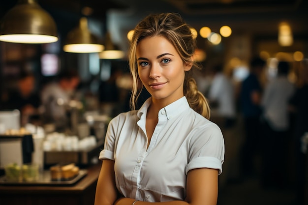 Portret uśmiechniętej szefowej kuchni trzymającej talerz w kuchni komercyjnej
