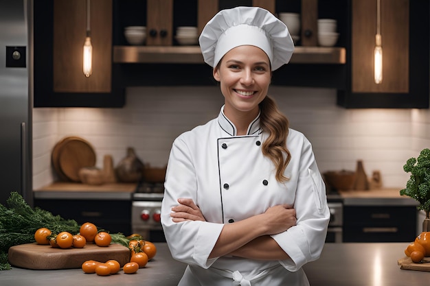 Portret uśmiechniętej szefowej kuchni z skrzyżowanymi rękami w kuchni