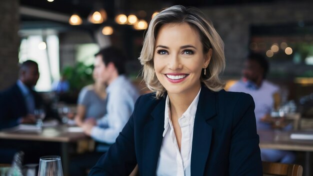 Portret uśmiechniętej, udanej bizneswoman patrzącej w kamerę siedzącej w restauracji