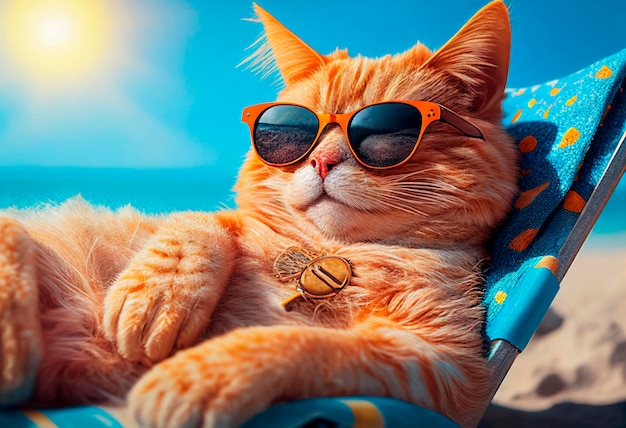 Portret uśmiechnięty ładny czerwony kot w okularach przeciwsłonecznych leży na leżaku na plaży w słoneczny letni dzień koncepcja letnich wakacji Created with Generative AI