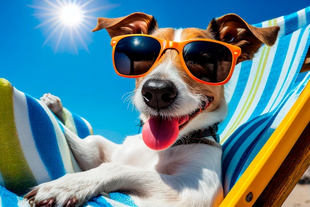 Portret uśmiechnięty ładny pies w okularach przeciwsłonecznych leży na leżaku na plaży w słoneczny letni dzień koncepcja letnich wakacji Created with Generative AI