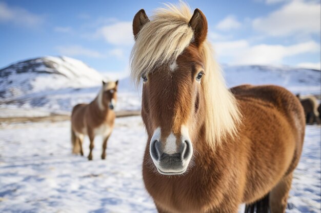 Portret uważnego islandzkiego konia w zimie Pokojowa podróż do Islandii zwierzęta hodowlane