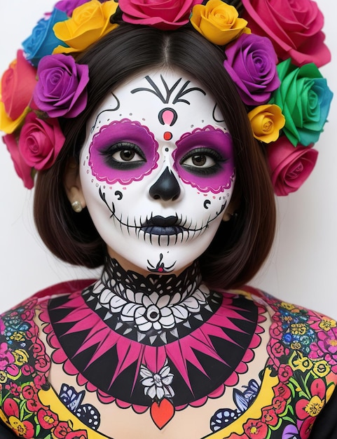 portret w masce Day of the Dead w żywych kolorach i kwiatach