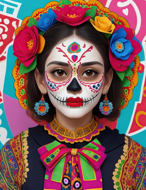 portret w masce Day of the Dead w żywych kolorach i kwiatach