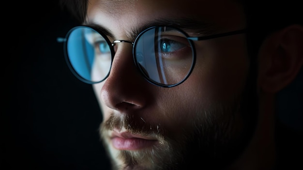 Portret w pobliżu przemyślanego mężczyzny w okularach odzwierciedlający życie nastrojowe oświetlenie introspekcyjny nastrój styl artystyczny dla kreatywnych projektów AI