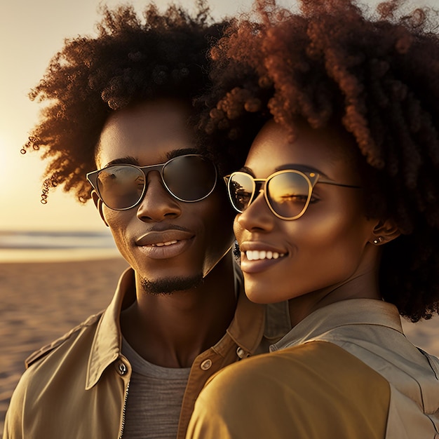 Portret w połowie długości stock photography Portret afro haired mężczyzny i kobiety w okularach przeciwsłonecznych uśmiecha się na plaży o zachodzie słońca na wakacjach Ai generowane sztuki