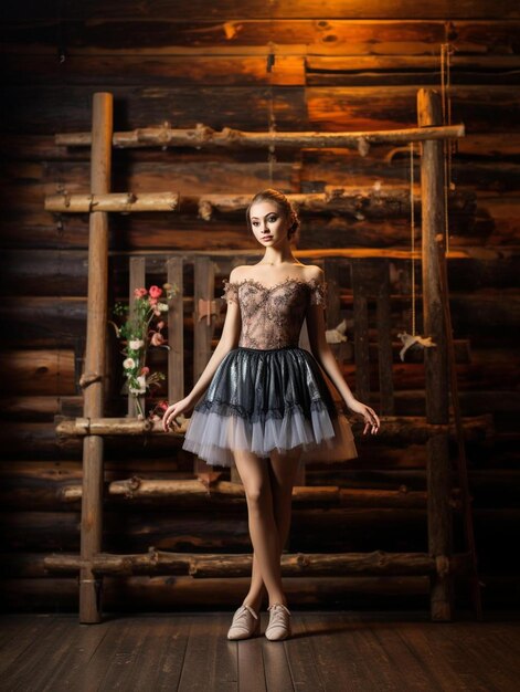 portret w studiu baleriny pozującej na drewnianych deskach