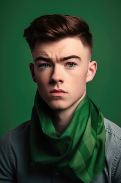 Portret w studiu eleganckiego młodego mężczyzny pozującego na zielonym tle stworzonym za pomocą generatywnej sztucznej inteligencji