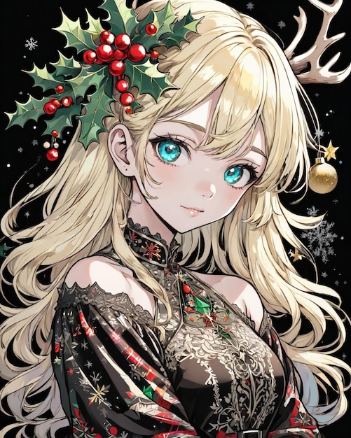Zdjęcie portret w stylu bożonarodzeniowym dziewczyny anime na czarnym tle w stylu waniliowym