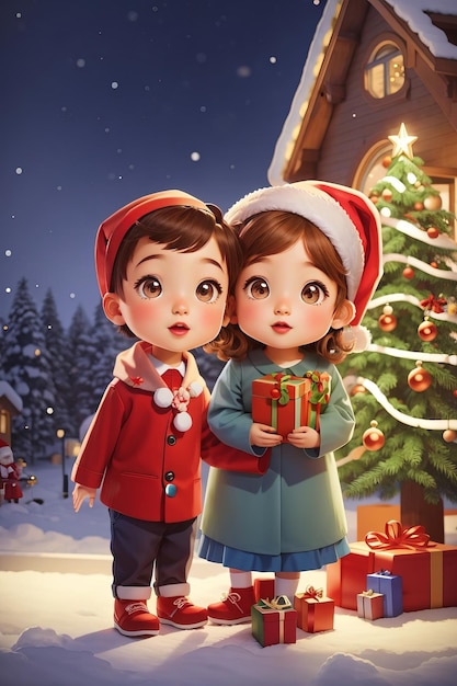 Portret w stylu kreskówki małych dzieci świętujących Boże Narodzenie