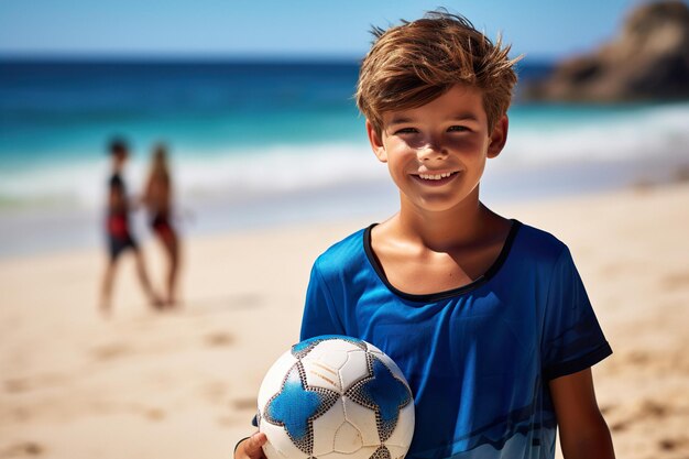 Portret wesołego chłopca z piłką nożną na piaszczystej plaży w pobliżu oceanu