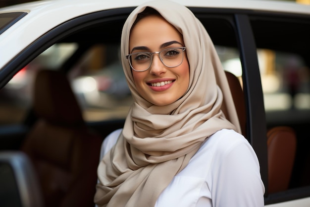 portret wesołej kobiety z Bliskiego Wschodu w samochodzie