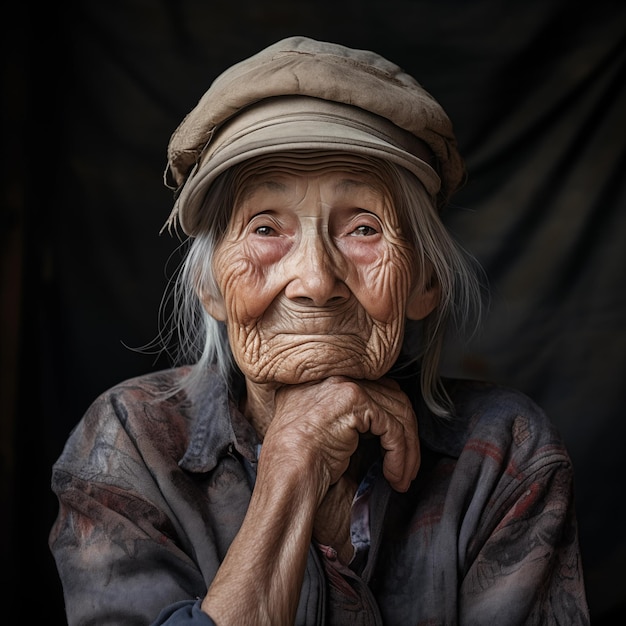 Portret wesołej, ładnej, bardzo starej, zmarszczonej kobiety uśmiechającej się, dotykającej podbródka ręką, starszej kobiety w kapeluszu i farmerze krzepnącej, sztucznej inteligencji generatywnej