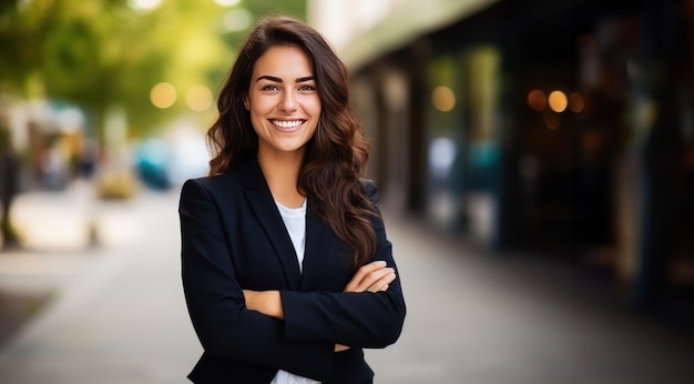 Portret wesołej przedsiębiorczyni z złożonymi ramionami patrzącej na kamerę na ulicy Młoda kobieta biznesowa z uśmiechem i skrzyżowanymi rękami izolowana na tle miejskim z przestrzenią do kopiowania