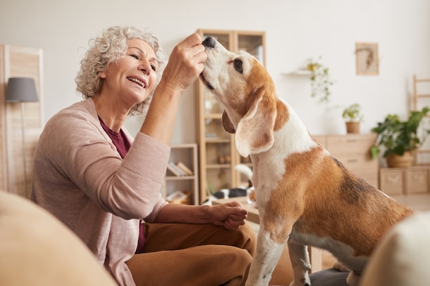 Portret wesoły starszy kobieta bawi się z psem i dając smakołyki, ciesząc się razem czas w domu