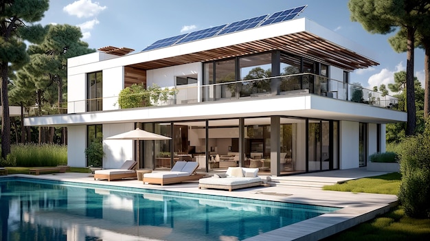 Portret Wiejskiego Domu Wykorzystującego Odnawialne źródła Energii Nowoczesny Biały Dom Z Panelami Słonecznymi Na Dachu