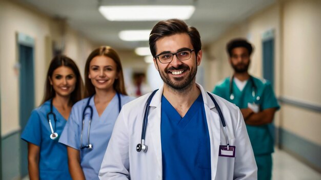 Portret wielokulturowego zespołu medycznego stojącego na korytarzu szpitala