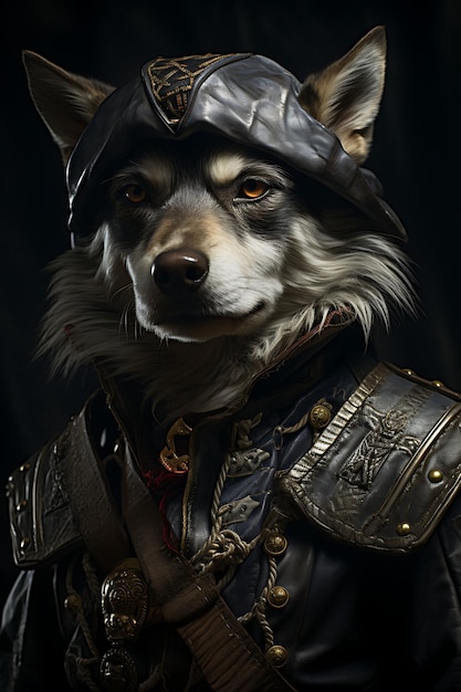 Portret wilka pirata pierwszy oficer kostium czaszka i skrzyżowane kości bandana kolekcje sztuki zwierzęcej