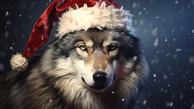 Portret wilka w czapce Świętego Mikołaja
