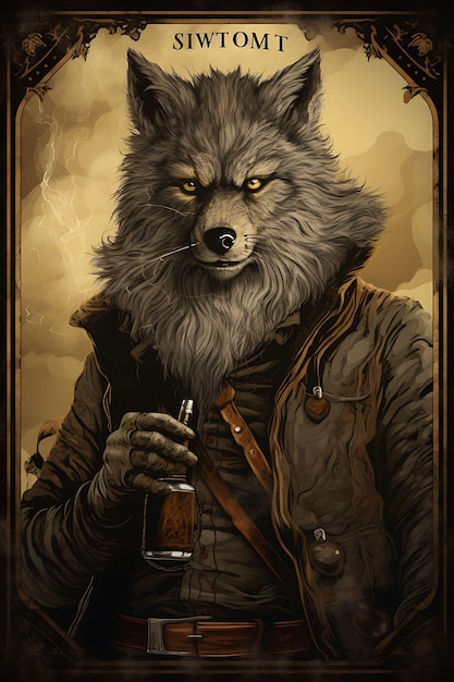 Portret wilka w kamizelce z chłodnym patronem z barem w pozycji smokina Vintage Poster 2D Flat Design Art