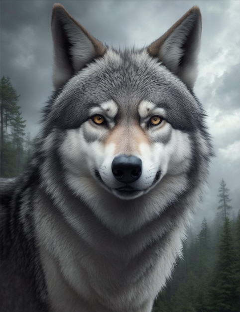 Portret wilka w obrazie lasu wygenerowany przy użyciu sztucznej inteligencji