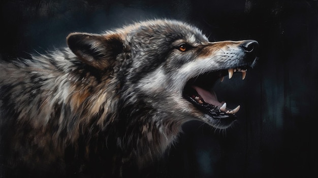 Portret wilka wyjącego na ciemnym tlegeneratywne ai