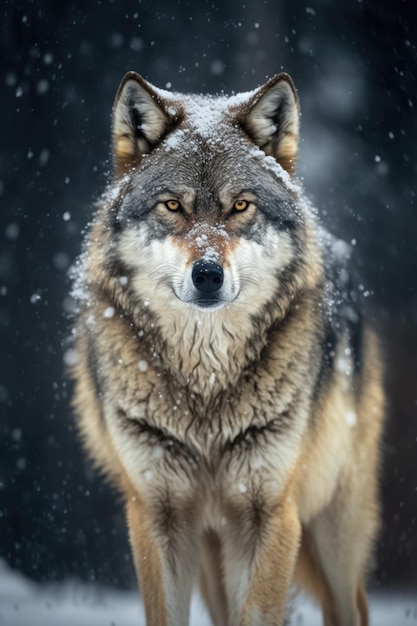Zdjęcie portret wilka z padającym śniegiem stworzony przy użyciu technologii generatywnej ai