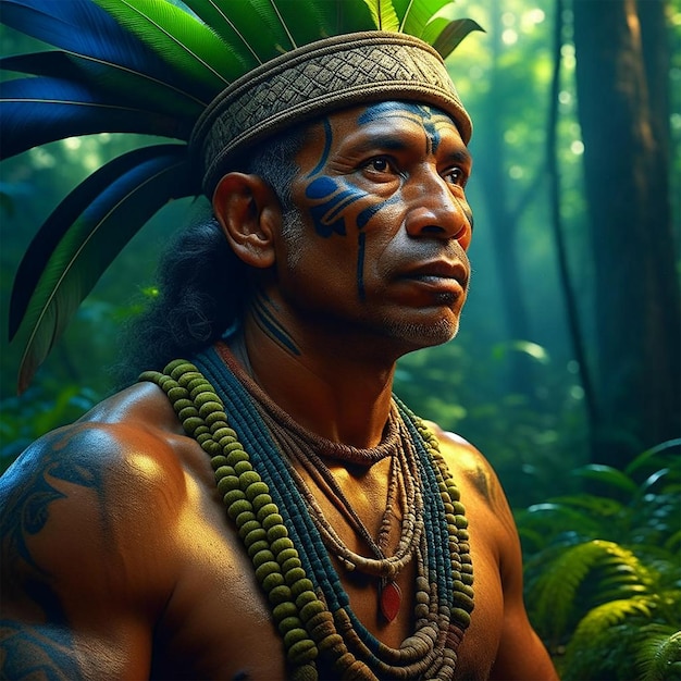 Portret wojownika Azteków lub Majów w dżungli Farba wojenna na twarzy Indianin w pióra i amulety