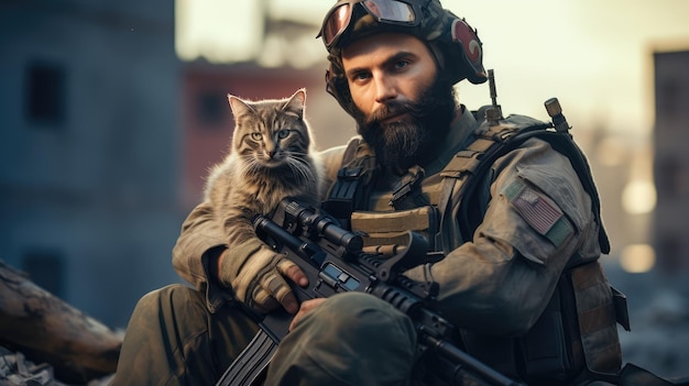 Portret wojskowego mężczyzny z bronią trzymającego kociaka
